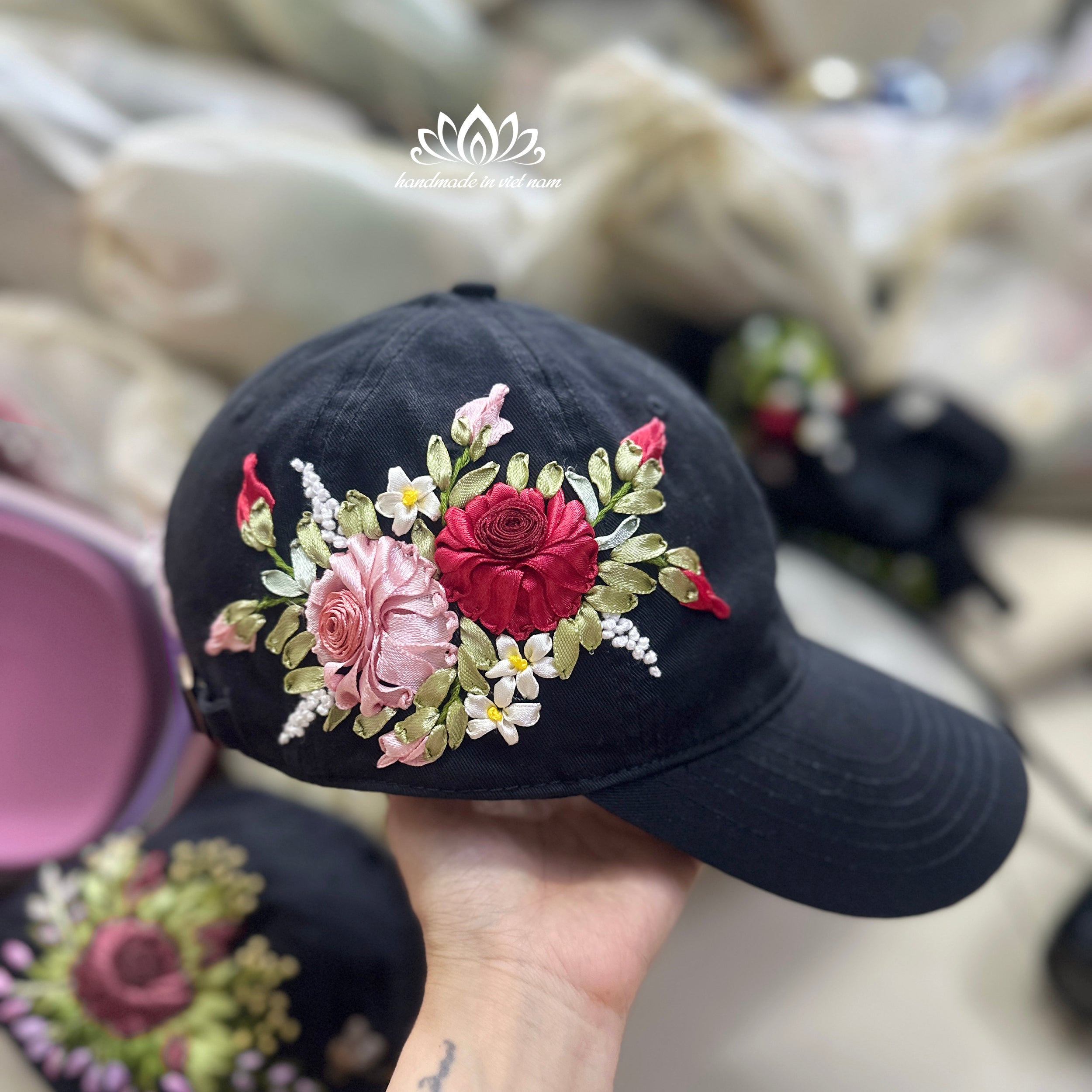 Hand Embroidered Rose Baseball Cap | Ribbon Embroidery Floral Hat