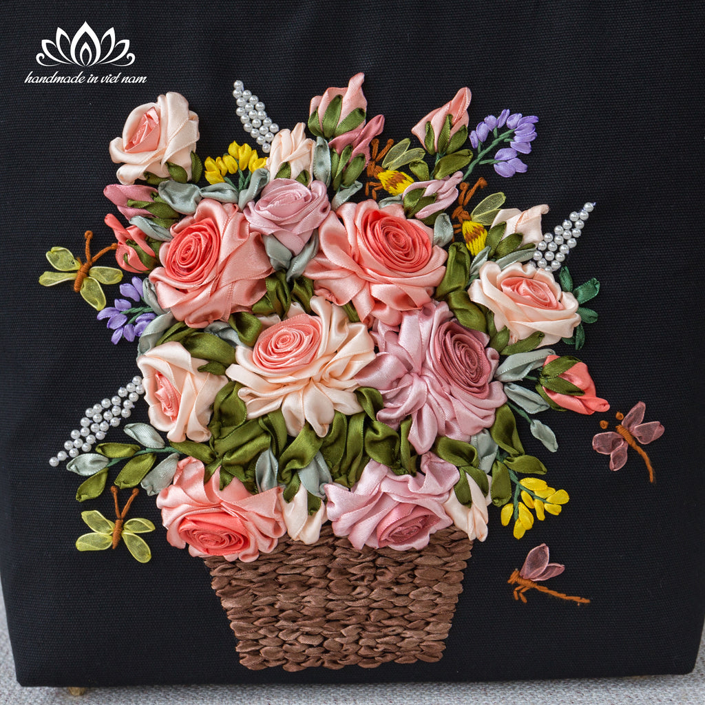 Ribbon Embroidered Floral Tote Bag | Structured Canvas Everyday Tote