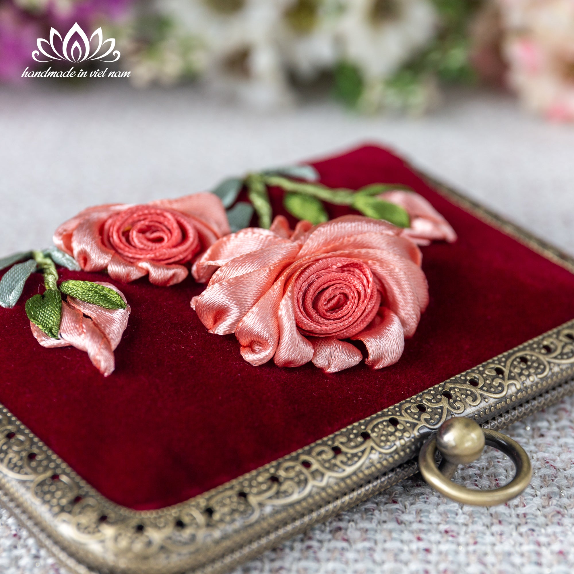 Ribbon Embroidered Mini Card Wallet | Compact Floral Coin Purse