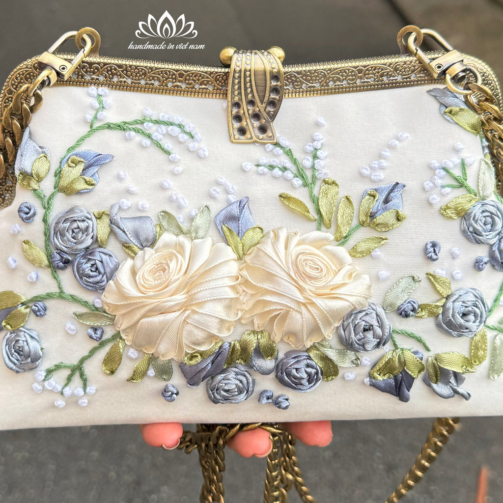 Hand Embroidered Velvet Clutch Bag | Floral Ribbon Embroidery Evening Bag