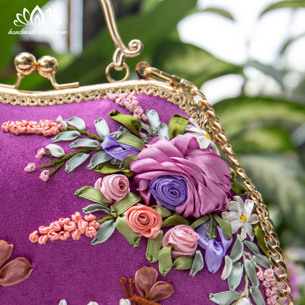 Hand Embroidered Velvet Kiss Lock Bag | Purple Ribbon Rose Purse