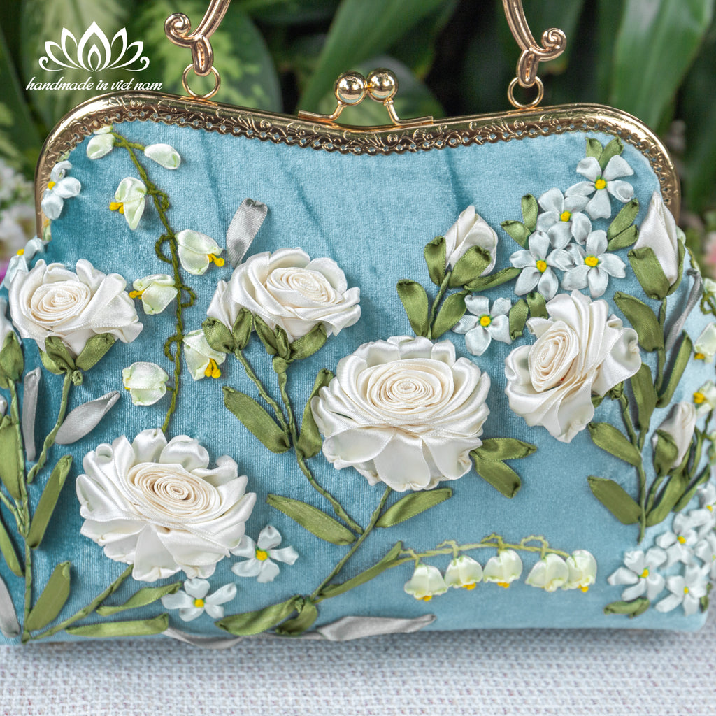 Hand Embroidered White Rose Velvet Kiss Lock Bag | A Gift of Purity and Timeless Love