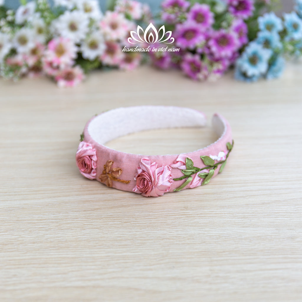 Ribbon Embroidered Linen Headband | Handmade Floral Hair Accessory for Women & Girls