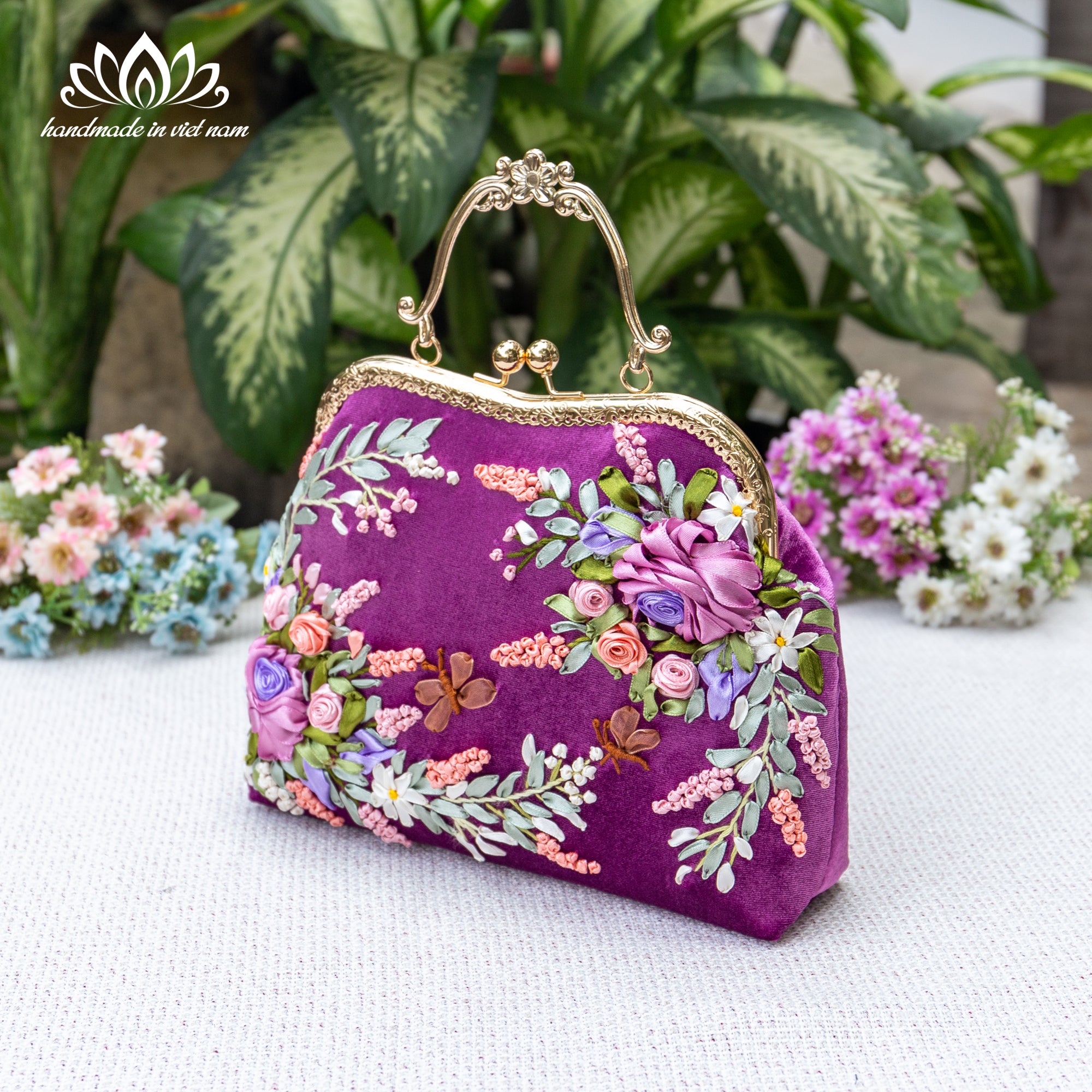 Hand Embroidered Velvet Kiss Lock Bag | Purple Ribbon Rose Purse