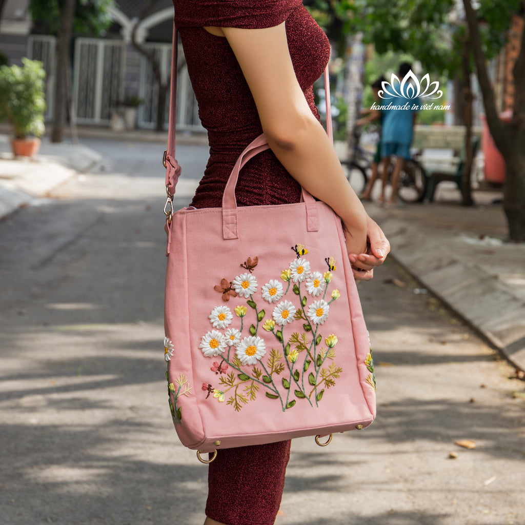 Hand Embroidered Daisy Convertible Backpack Tote | Lotus Vietnam