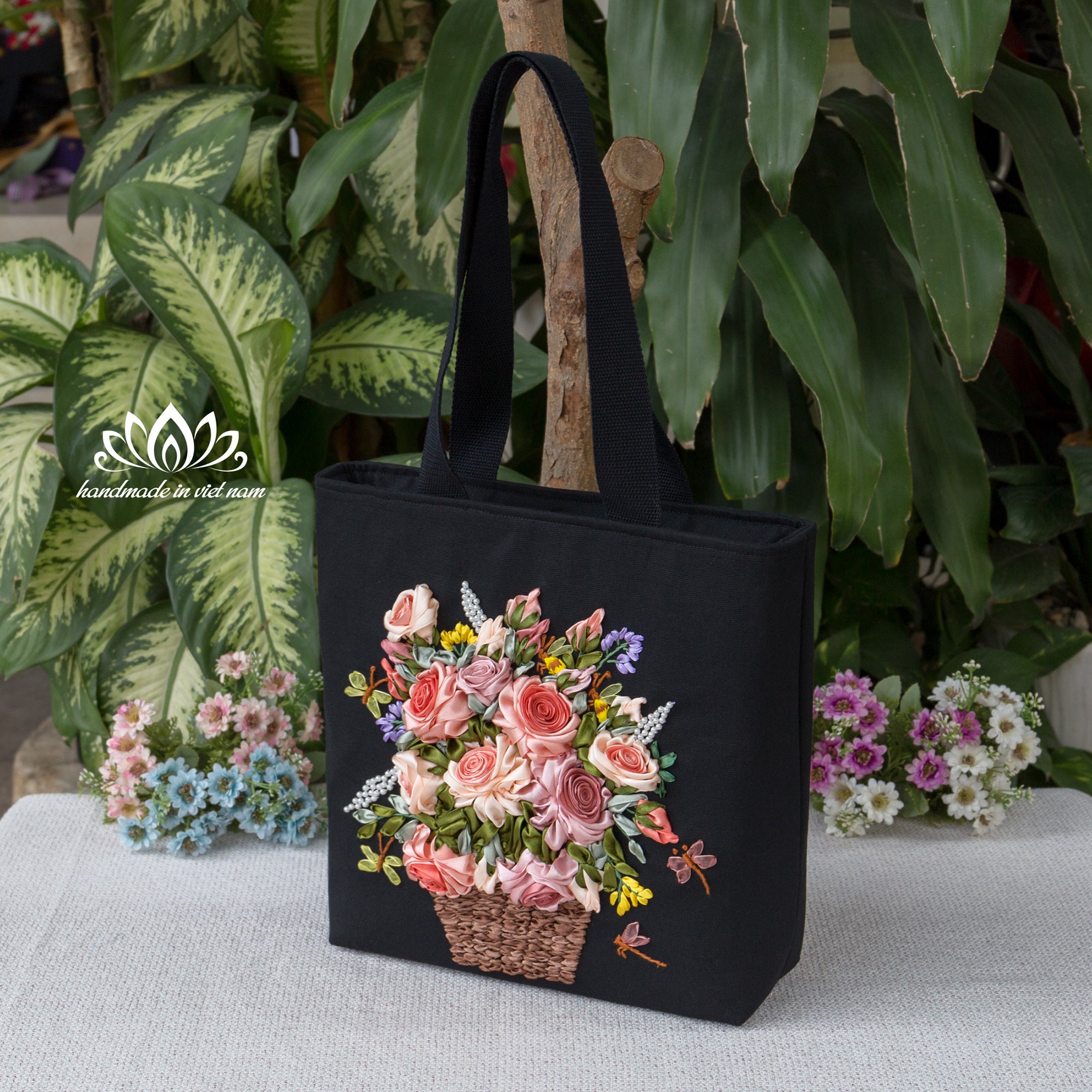 Ribbon Embroidered Floral Tote Bag | Structured Canvas Everyday Tote