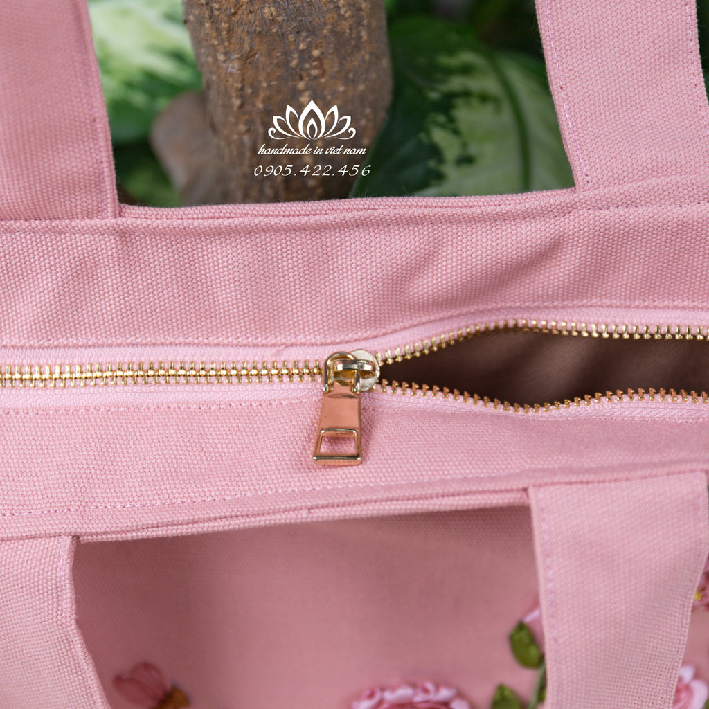 Ribbon Embroidered Floral Tote Bag | Structured Canvas Everyday Tote