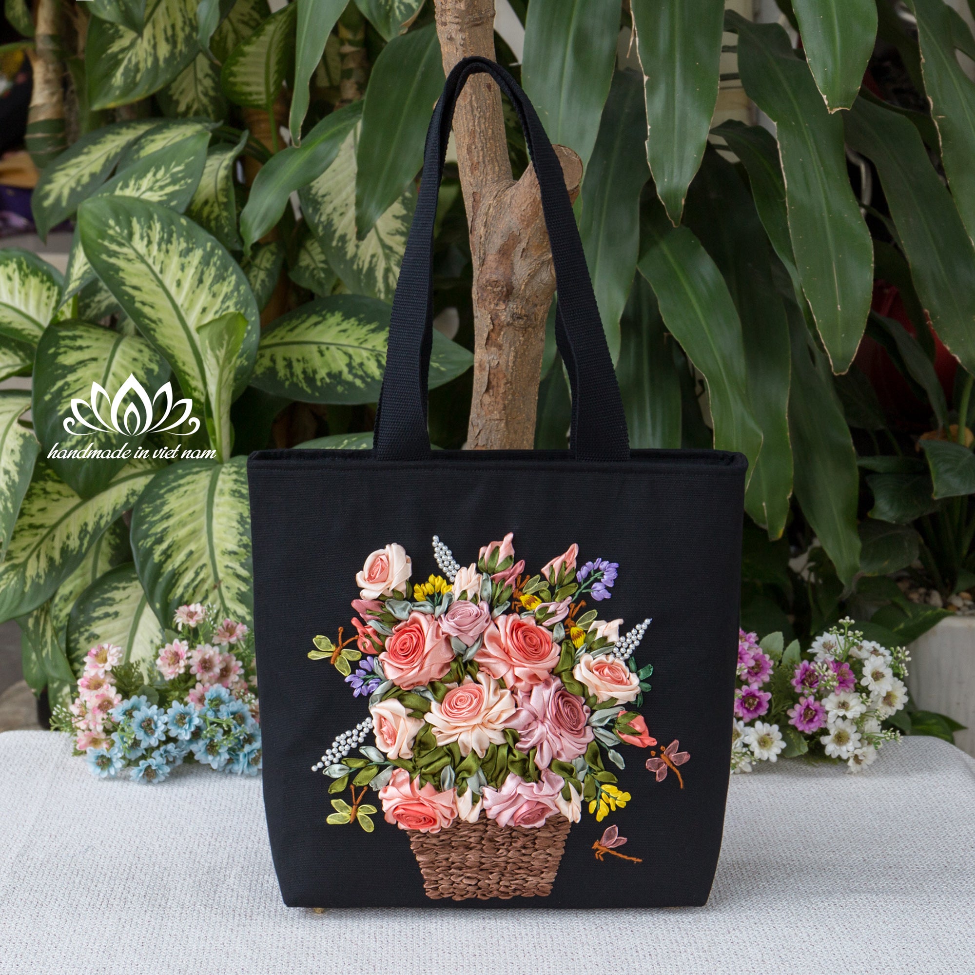 Ribbon Embroidered Floral Tote Bag | Structured Canvas Everyday Tote