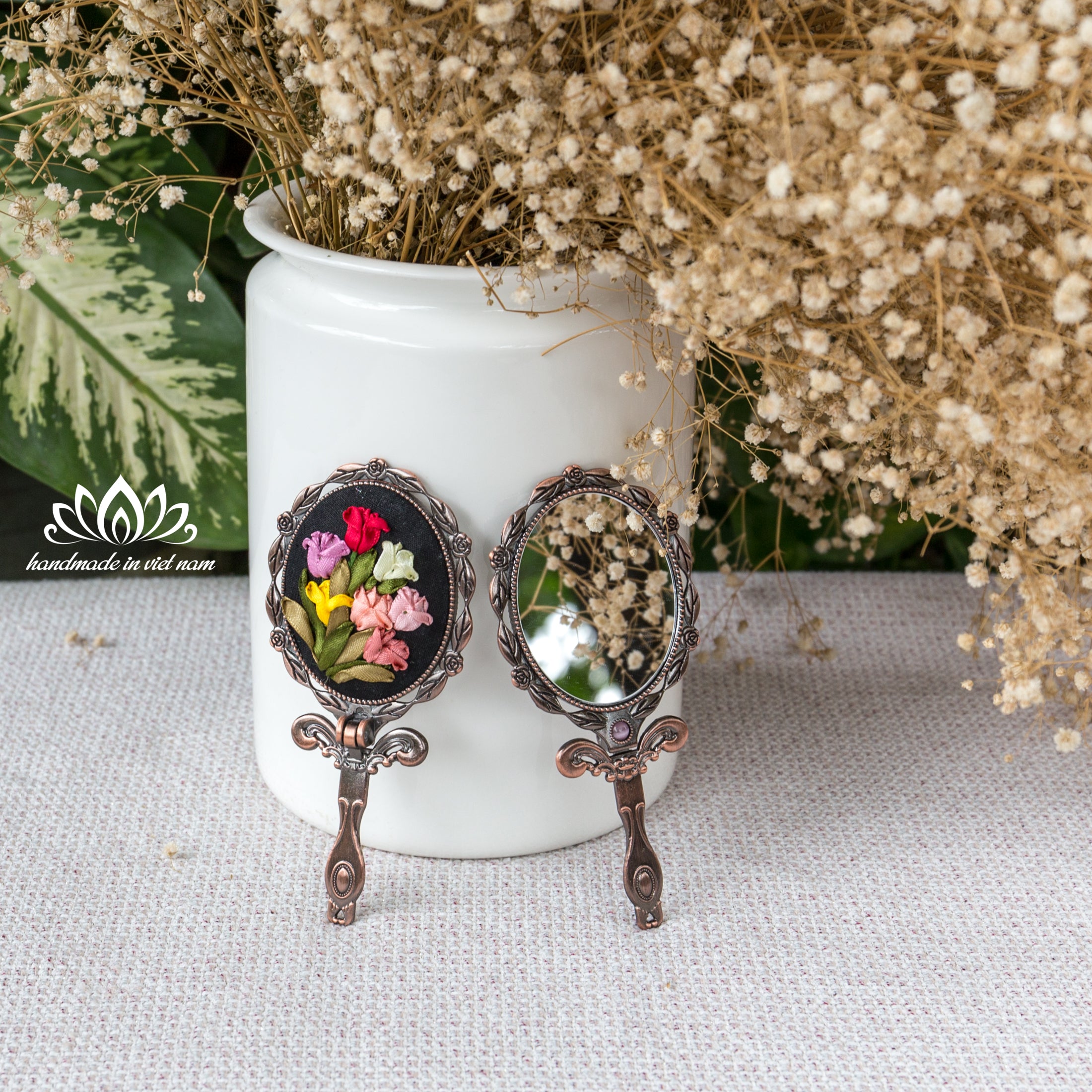 Hand Embroidered Compact Mirror | Ribbon Embroidery Floral Hand Mirror