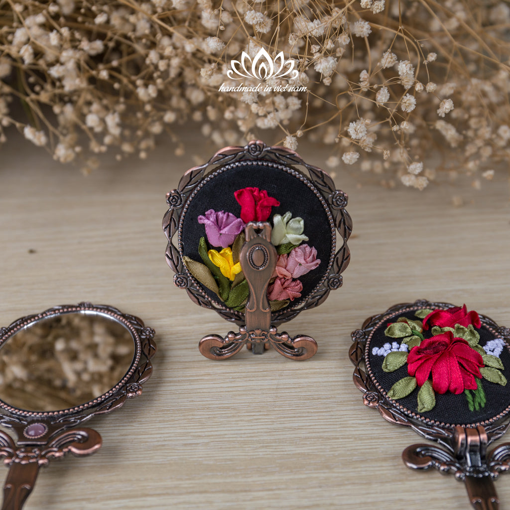 Hand Embroidered Compact Mirror | Ribbon Embroidery Floral Hand Mirror