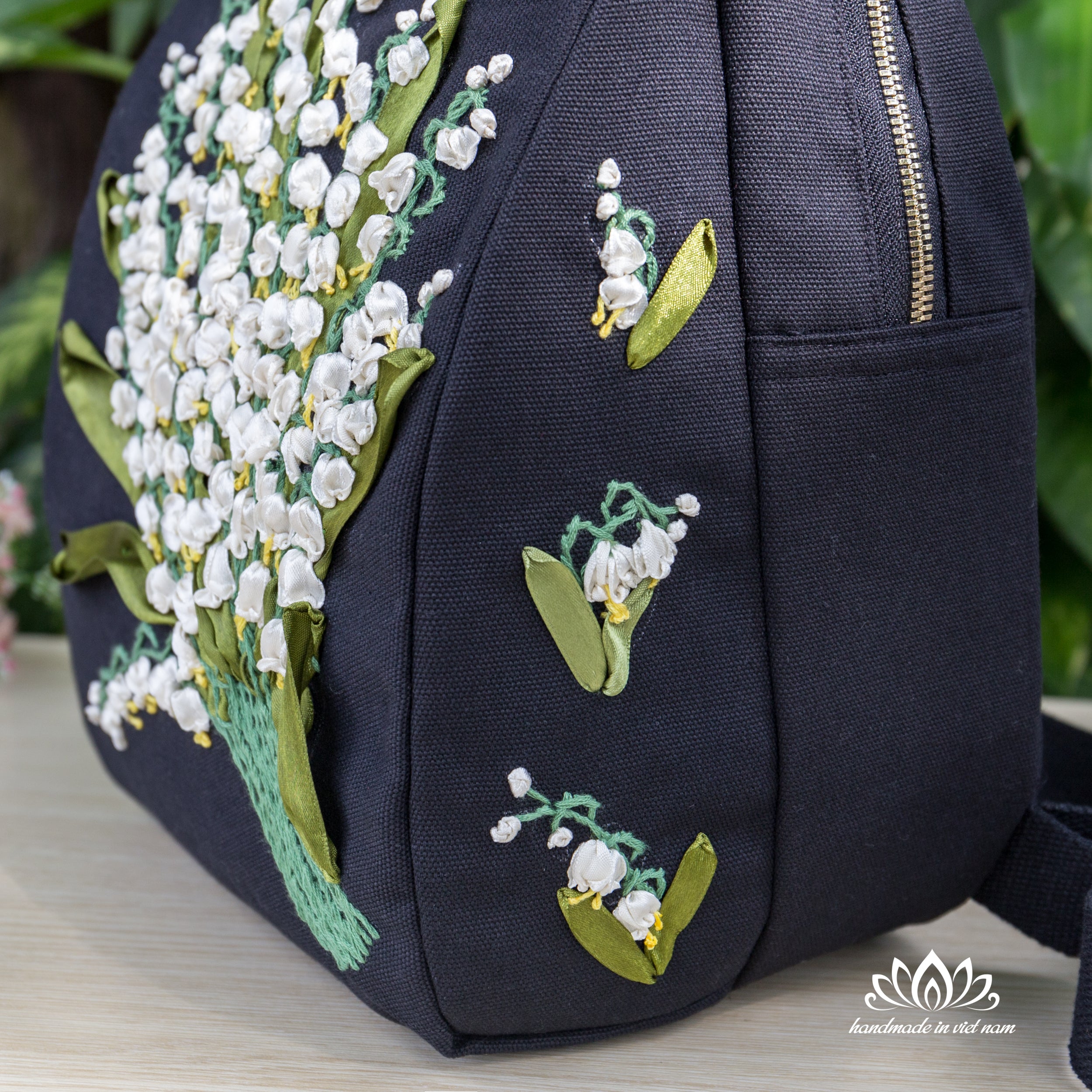 Lily of the Valley Ribbon Embroidered Backpack | A Symbol of Happiness