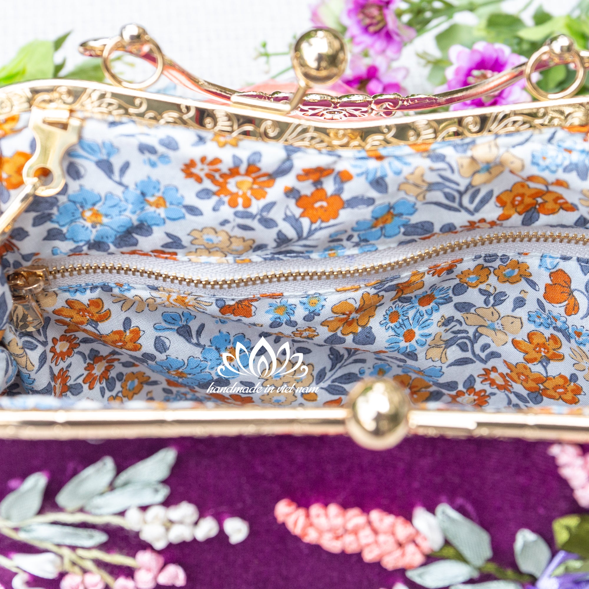 Hand Embroidered Velvet Kiss Lock Bag | Purple Ribbon Rose Purse