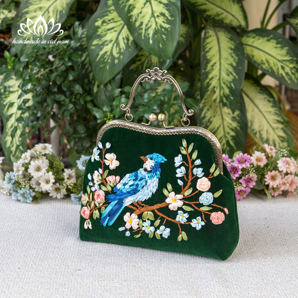 Hand Embroidered Blue Bird Kiss Lock Bag | Handmade Ribbon Embroidery Velvet Purse with Chain Strap