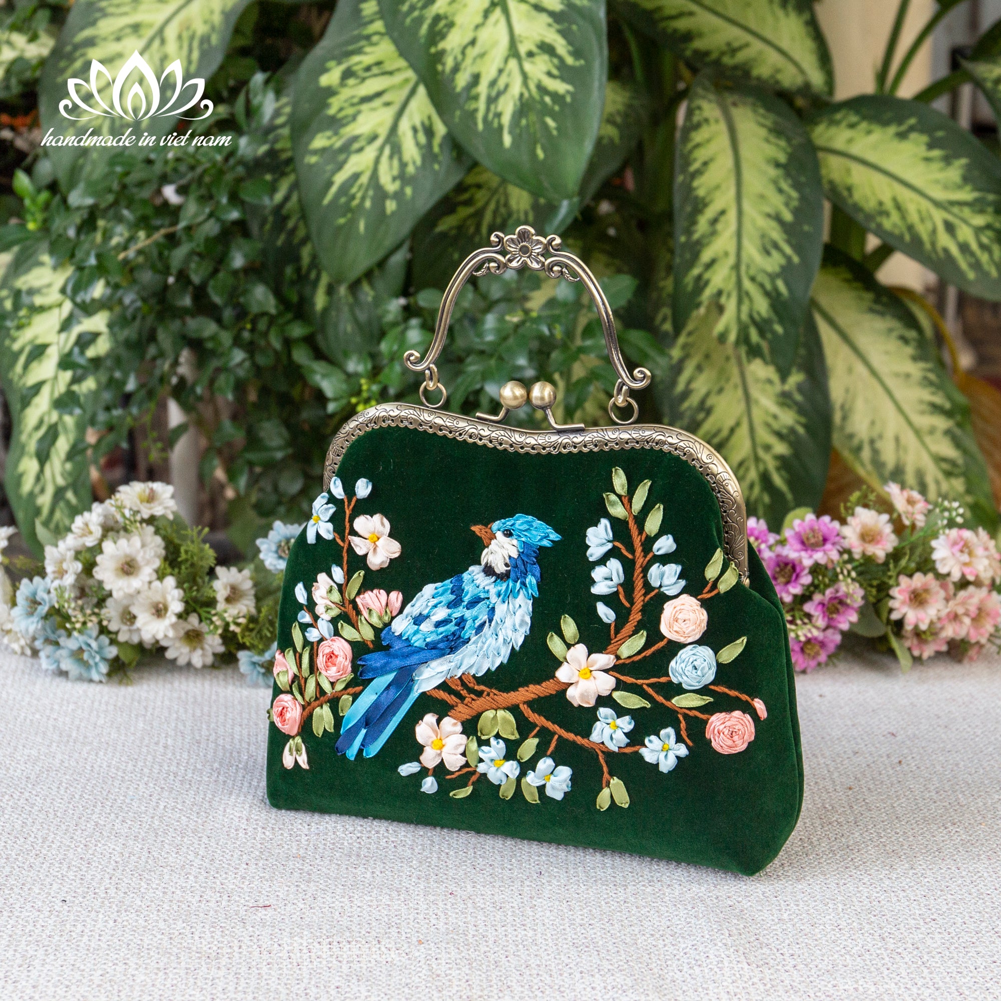 Hand Embroidered Blue Bird Kiss Lock Bag | Handmade Ribbon Embroidery Velvet Purse with Chain Strap