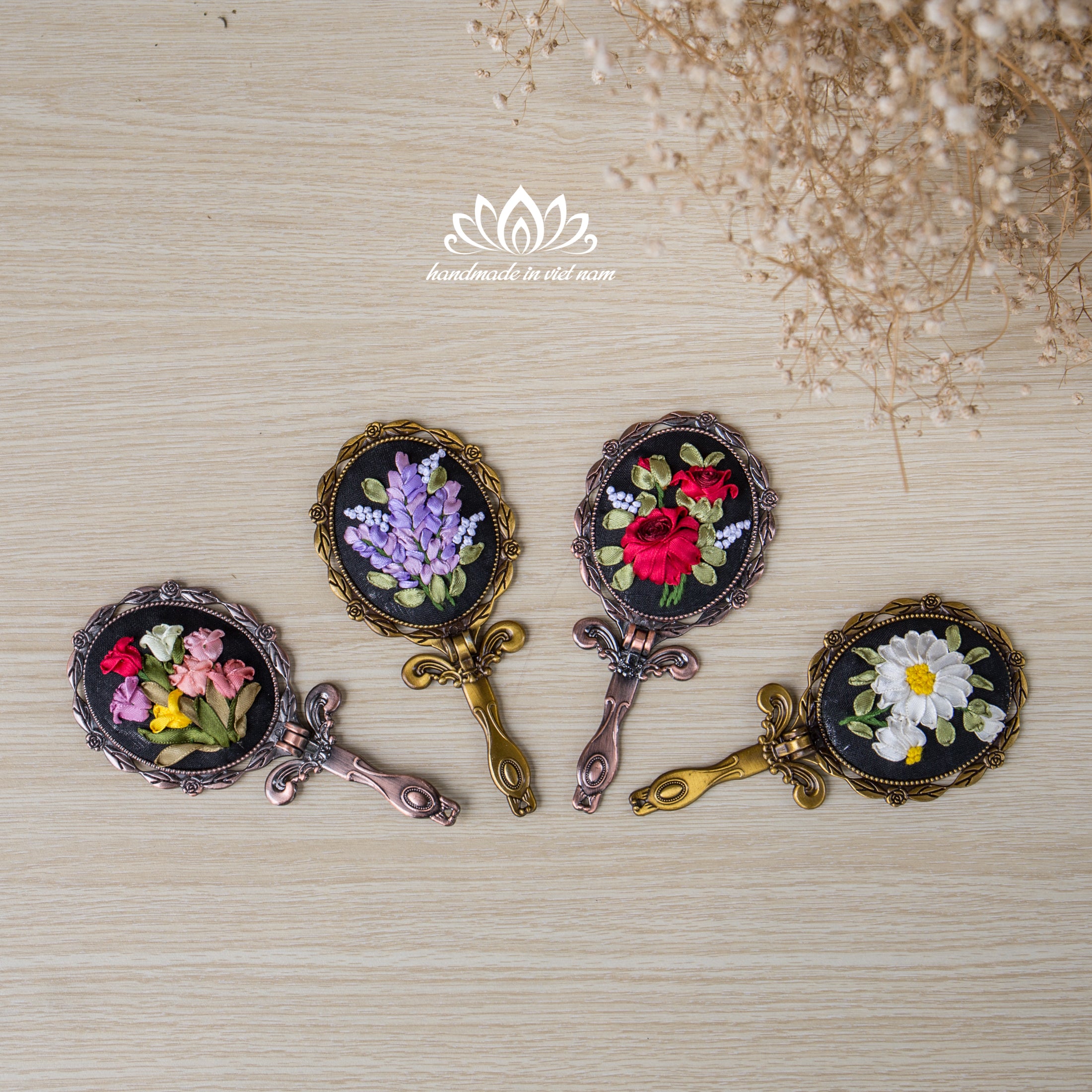 Hand Embroidered Compact Mirror | Ribbon Embroidery Floral Hand Mirror