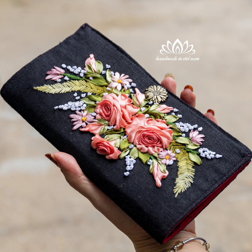 Ribbon Embroidered Floral Wallet | Organizer Wallet with Zipper Pocket