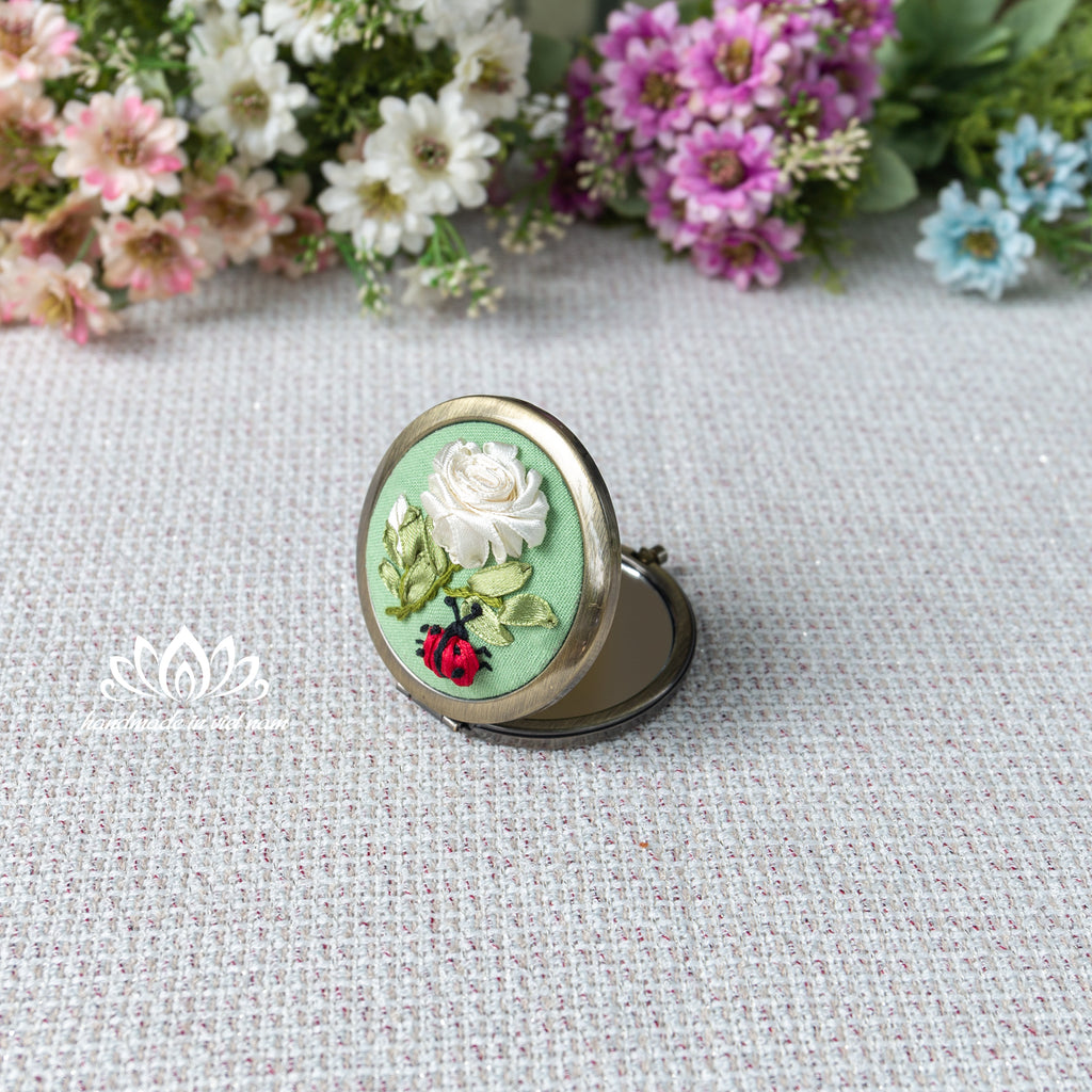 Hand Embroidered Pocket Mirror | Lucky Ladybug Ribbon Rose Gift