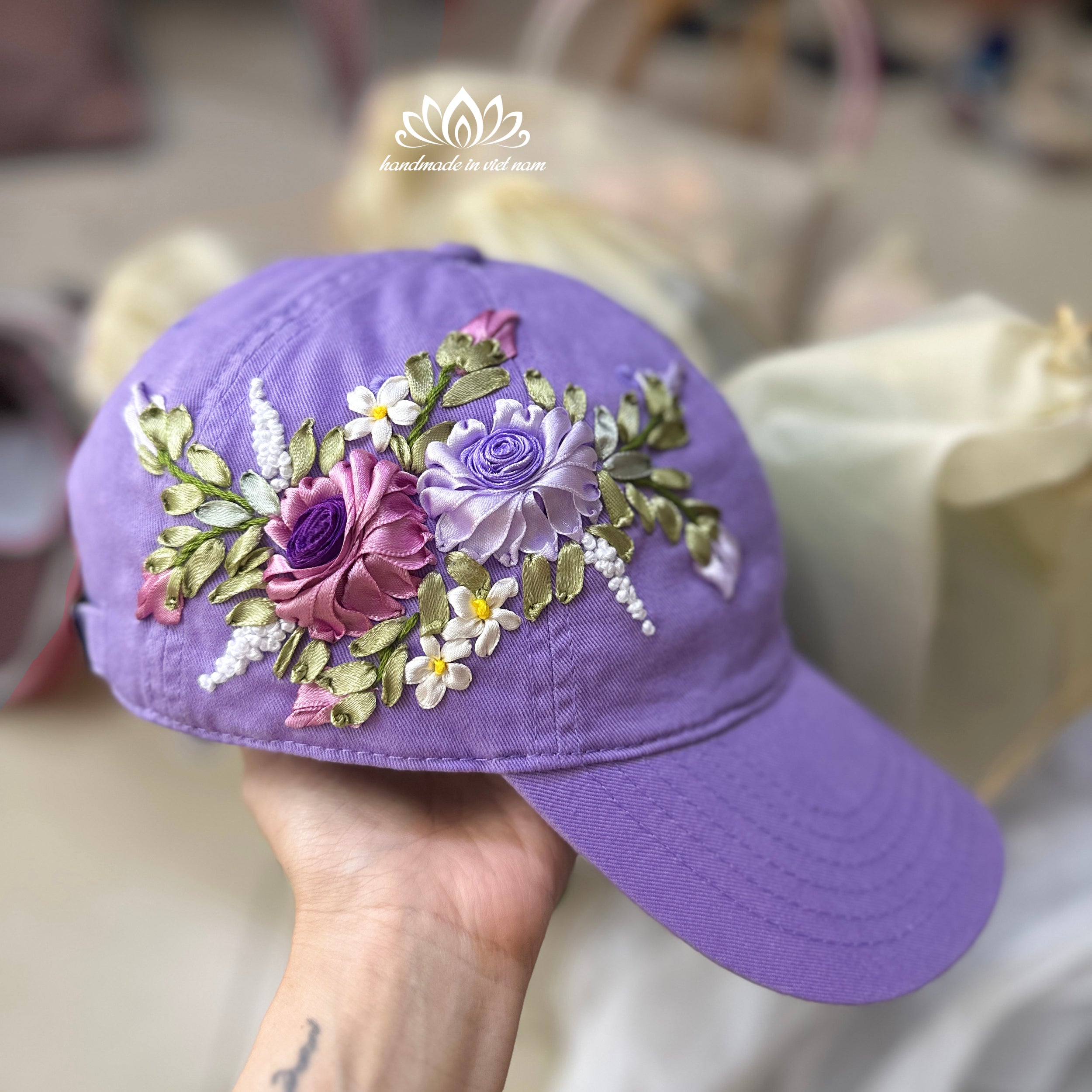 Hand Embroidered Rose Baseball Cap | Ribbon Embroidery Floral Hat
